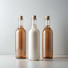 Three glass bottles with cork tops on a white background.