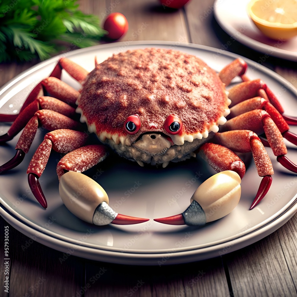 Poster a 3d illustration of a crab cake. rendered with high detail and a playful expression. makes a delici
