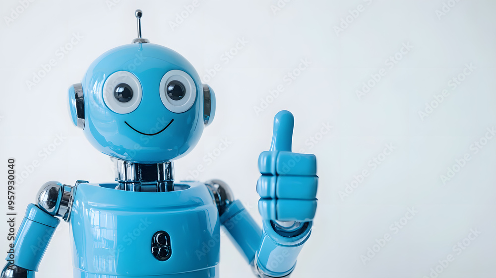 Poster 3d Friendly robot giving thumbs up isolated on white background	