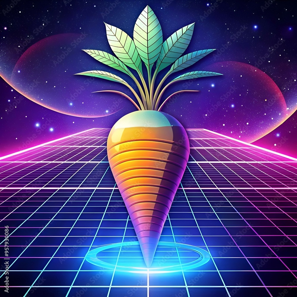 Poster a vibrant 3d illustration of a parsnip with a futuristic 80s aesthetic. set against a neon grid and 