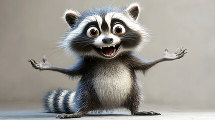 Obraz premium raccoon character in a playful pose, with a big grin and wide, expressive eyes