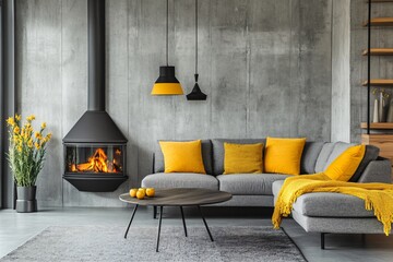 Modern Living Room Interior Design with Fireplace  Yellow Pillows  and Grey Sofa