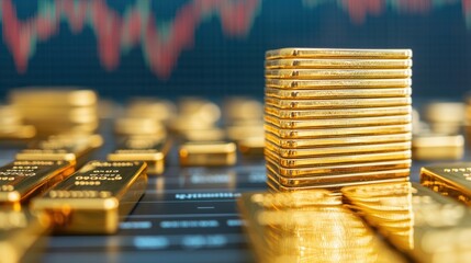 Global Exchange Trading Floor with Gold Bullion Bars and World Currencies, Selective Focus on Foreground, Ultra HD Copy Space for Text