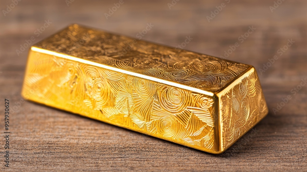 Poster Precious Gold Bullion Bar Engraved with Artistic Patterns - High Resolution Collectible Object with Copy Space for Text