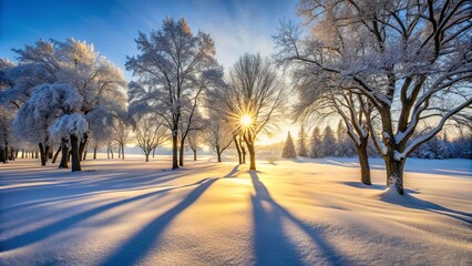 Snow-covered ground with sunlight filtering through unique trees in the background