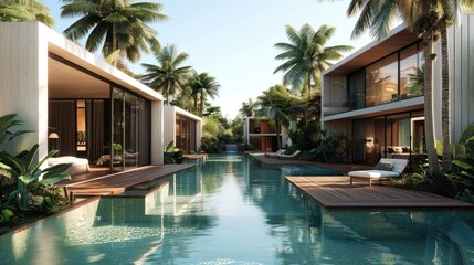 Fototapeta premium A series of small villas with a modern design by a large lagoon style pool with palm trees all around, connecting pathways in steel and wood. Generative AI.