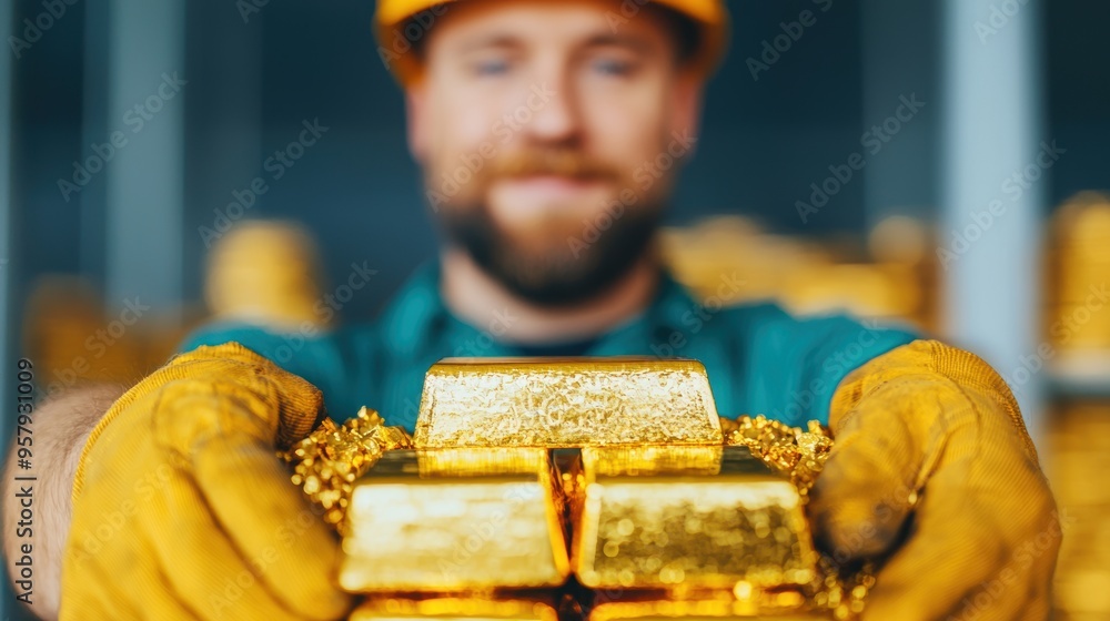 Aufkleber precious gold mining operation with workers extracting ore and bullion bars displayed - high quality