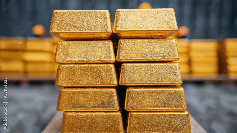 Aufkleber precious gold mining operation with workers extracting ore and bullion bars displayed for text, sele