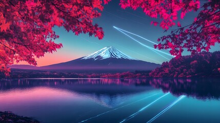 A serene autumn landscape features a snow-capped mountain, resembling Mount Fuji, reflected in a calm lake. Vibrant red and orange foliage frames the scene.