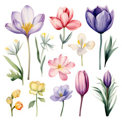 set of watercolor flowers isolated clipart, creative designs and decorative cards or wallpaper projects