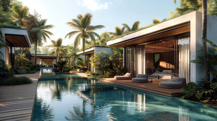 A series of small villas with a modern design by a large lagoon style pool with palm trees all around, connecting pathways in steel and wood. Generative AI.