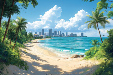 Naklejka premium Tropical beach scene with palm trees, golden sand, and a sparkling ocean against a vibrant city skyline under a clear blue sky.