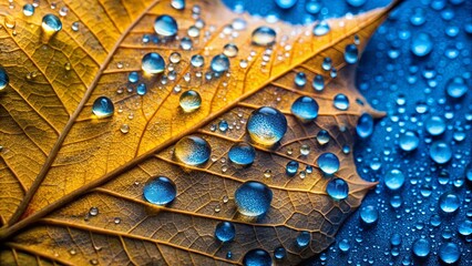 Fototapeta premium Close-up shot of a wet yellow-blue leaf with water droplets