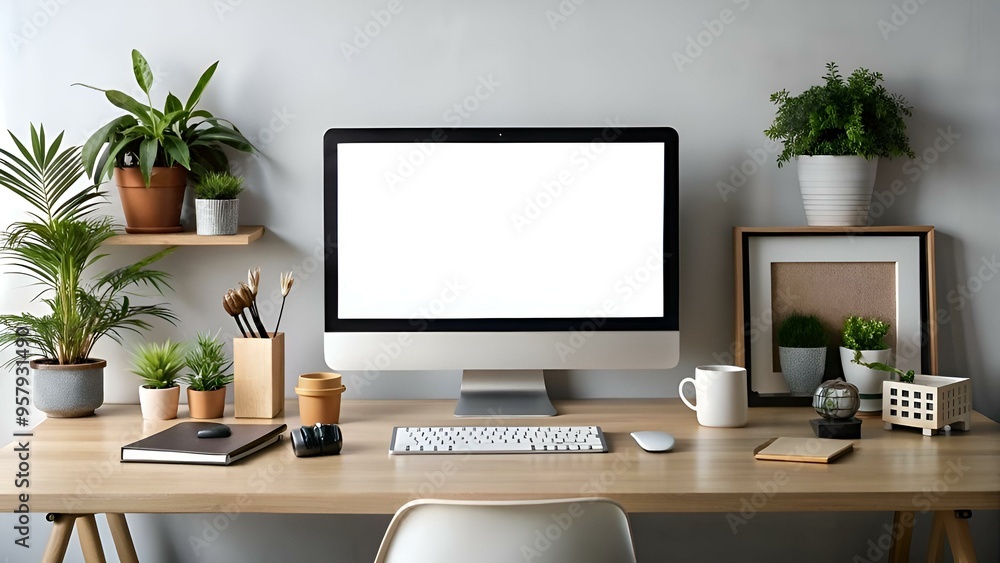 Poster a minimalist workspace with a modern computer. keyboard and mouse. surrounded by potted plants.