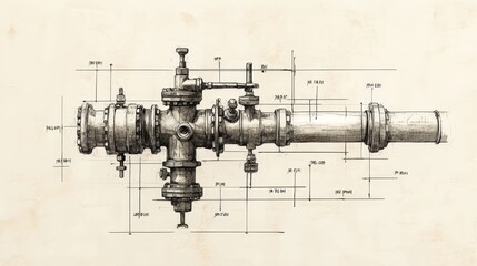 Water meter schematic with labeled pipes and connections, in hand-drawn sketch style, sepia tones, vintage technical manual feel, high contrast for clarity.