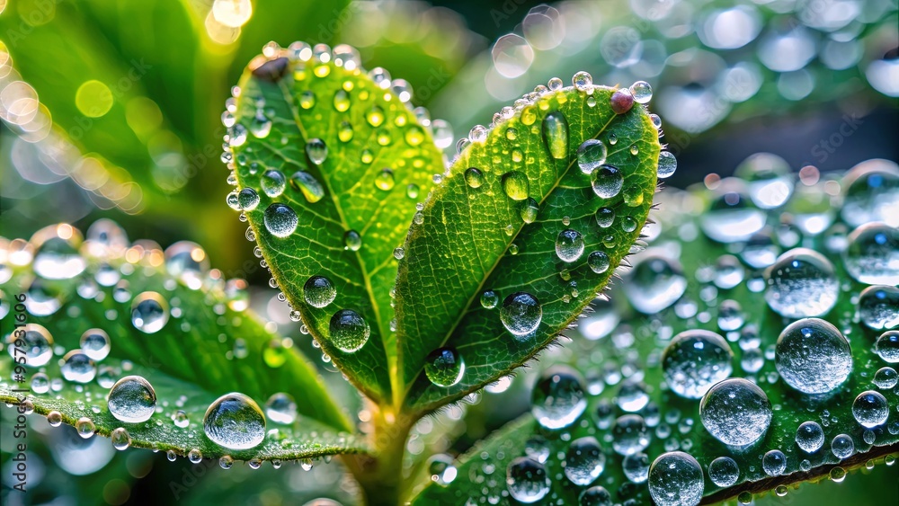 Wall mural Close-up of a plant with glistening water droplets on its leaves