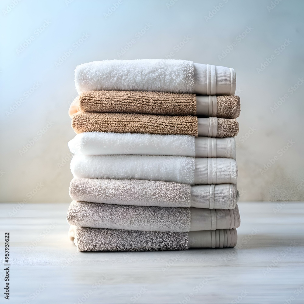 Poster a neatly stacked pile of soft. white and beige towels. perfect for adding a touch of spa like luxury