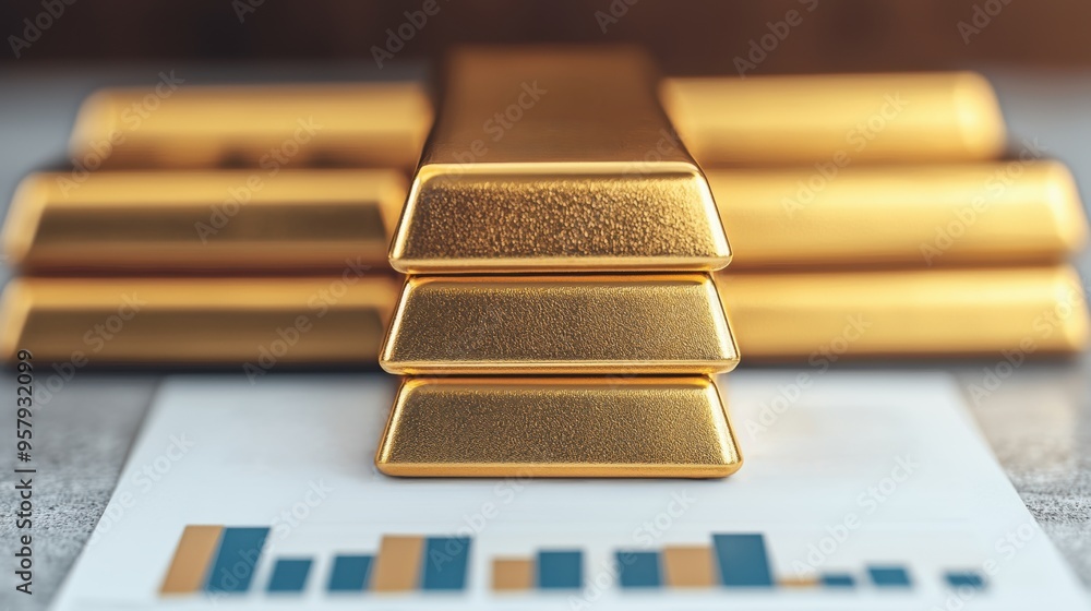 Poster finance and investment concept - stacked gold bars with portfolio analysis report in quality for cop