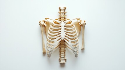 Fototapeta premium A human skeleton model, showing the ribcage and upper spine, on a white background.