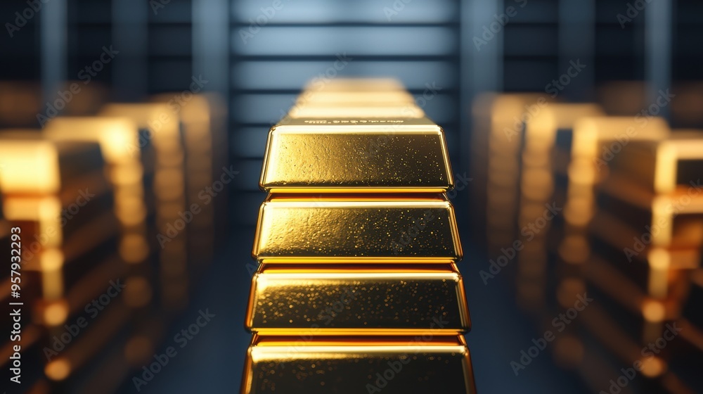 Poster secure storage of gold bars in high-tech vault - with copy space, selective focus, quality