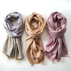 Three beautiful. soft scarves in  shades of pink. brown. and purple. perfect for adding a touch of elegance to your outfit.