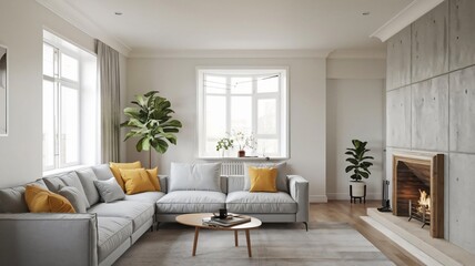 Modern Living Room Interior Design with Fireplace and Large Windows