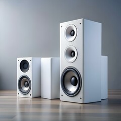 Obraz premium A set of three sleek. white speakers on a wooden surface.