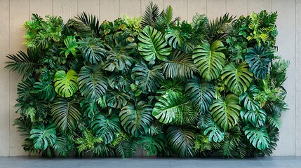 A green tropical foliage wall set against a concrete backdrop, adding a touch of nature.