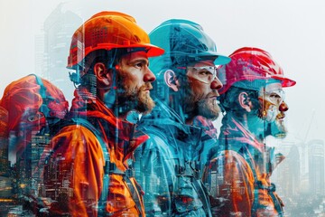 Double exposure Safety Gear Equipment Close-up of construction workers wearing safety gear