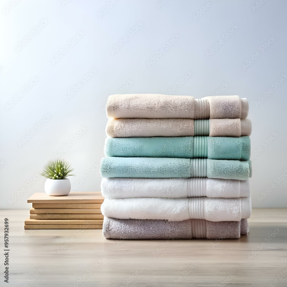 Poster a stack of six plush towels in various calming colors. perfect for adding a touch of relaxation and 