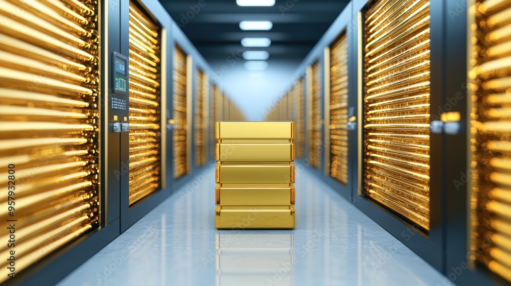 Poster secure digital monitoring system in gold storage with copy space, selective focus, and quality