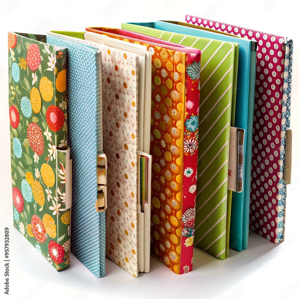 Poster a vibrant collection of colorful binders with diverse patterns. ideal for showcasing organization. c