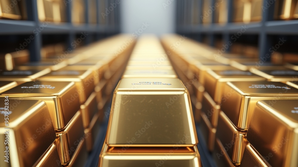 Poster secure storage of gold bars in containers - with copy space, selective focus on foreground,