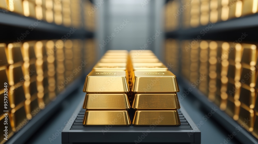 Poster securely stored gold bars in containers - with copy space, selective focus,
