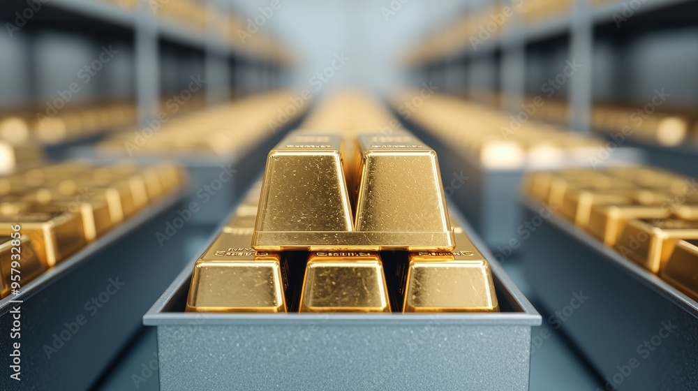 Poster securely stored gold bars in containers - with copy space and selective focus on foreground