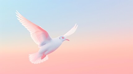 Fototapeta premium A clean white line illustration of a bird in flight, positioned on a gradient background that transitions from sky blue to soft pink, symbolizing freedom and serenity. 8k UHD, suitable for high-qualit