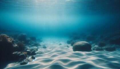 Obraz premium Underwater Scene With Rippled Sand Coral and Rocks