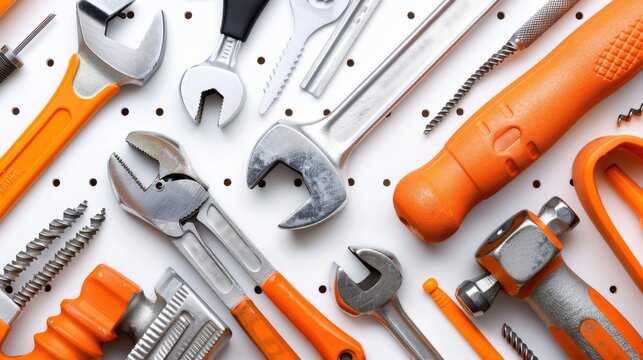 Hand Tools: Essential tools like hammers, screwdrivers, wrenches, and pliers, commonly stored in a toolbox or mounted on a pegboard for easy access.
