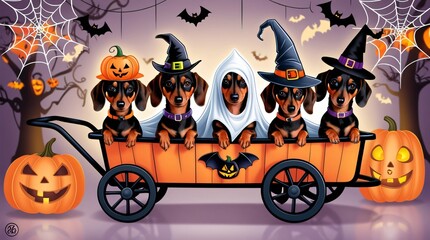 Fototapeta premium Four Dachshunds in Halloween Costumes Riding in a Pumpkin Carriage
