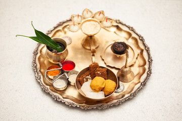 Beautifully Decorated Pooja Thali for festival celebration to worship. 