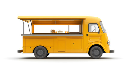 3d Yellow Realistic Food Truck isolated on white background. Takeaway food and drinks van mock up	