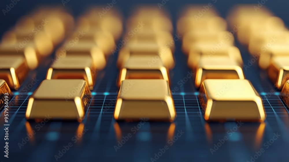 Poster shining gold bars in blockchain network - digital finance concept with copy space, selective focus. 