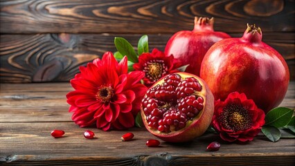 Vibrant red flower and pomegranates on a table