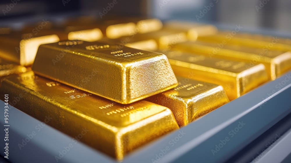 Poster modern technology concept - scanning gold bars into digital system with copy space and quality
