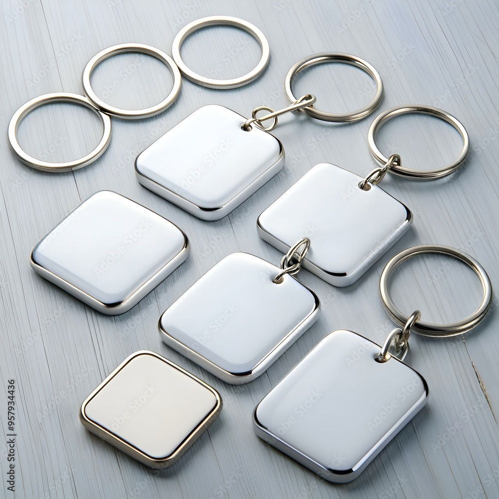 Poster blank square keychains on a white wood background. perfect for branding and customization.