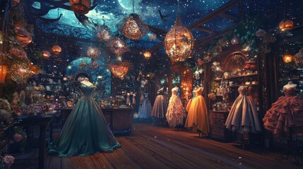 A magical boutique filled with elegant dresses and enchanting decor, illuminated by soft lanterns and a starry night sky.