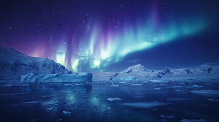 Naklejka premium Aurora Australis, blue and purple lights dancing in the night sky above the icy waters of Antarctica, huge icebergs floating in the distance, Ai generated images