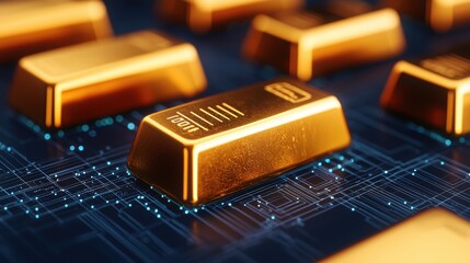 Futuristic Gold Bars with Digital Interface Overlay - High Definition with Copy Space