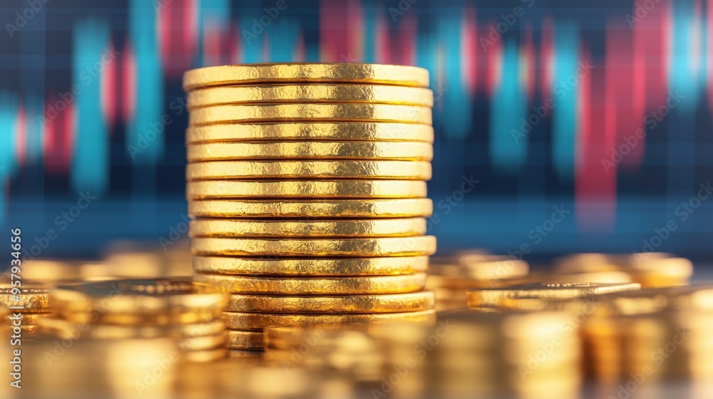 Poster digital gold trading platform in with copy space and selective focus on foreground