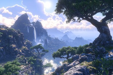 Majestic Mountainous Landscape with Cascading Waterfalls and Lush Greenery